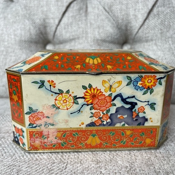 Vintage Gray Dunn Biscuit Tin Floral Orange Metallic Product of Scotland - Picture 4 of 6